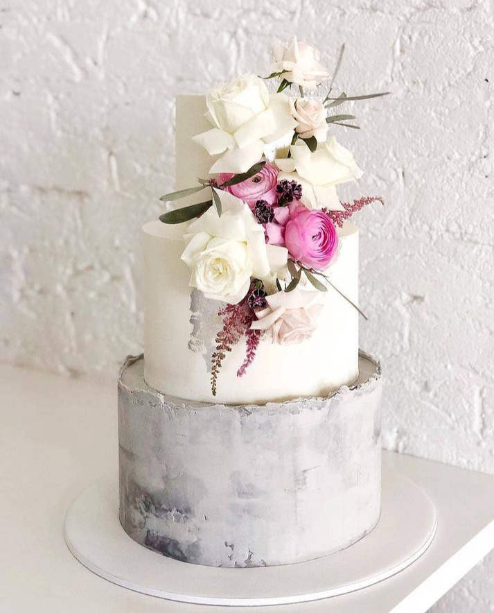 Pink white and grey wedding cake